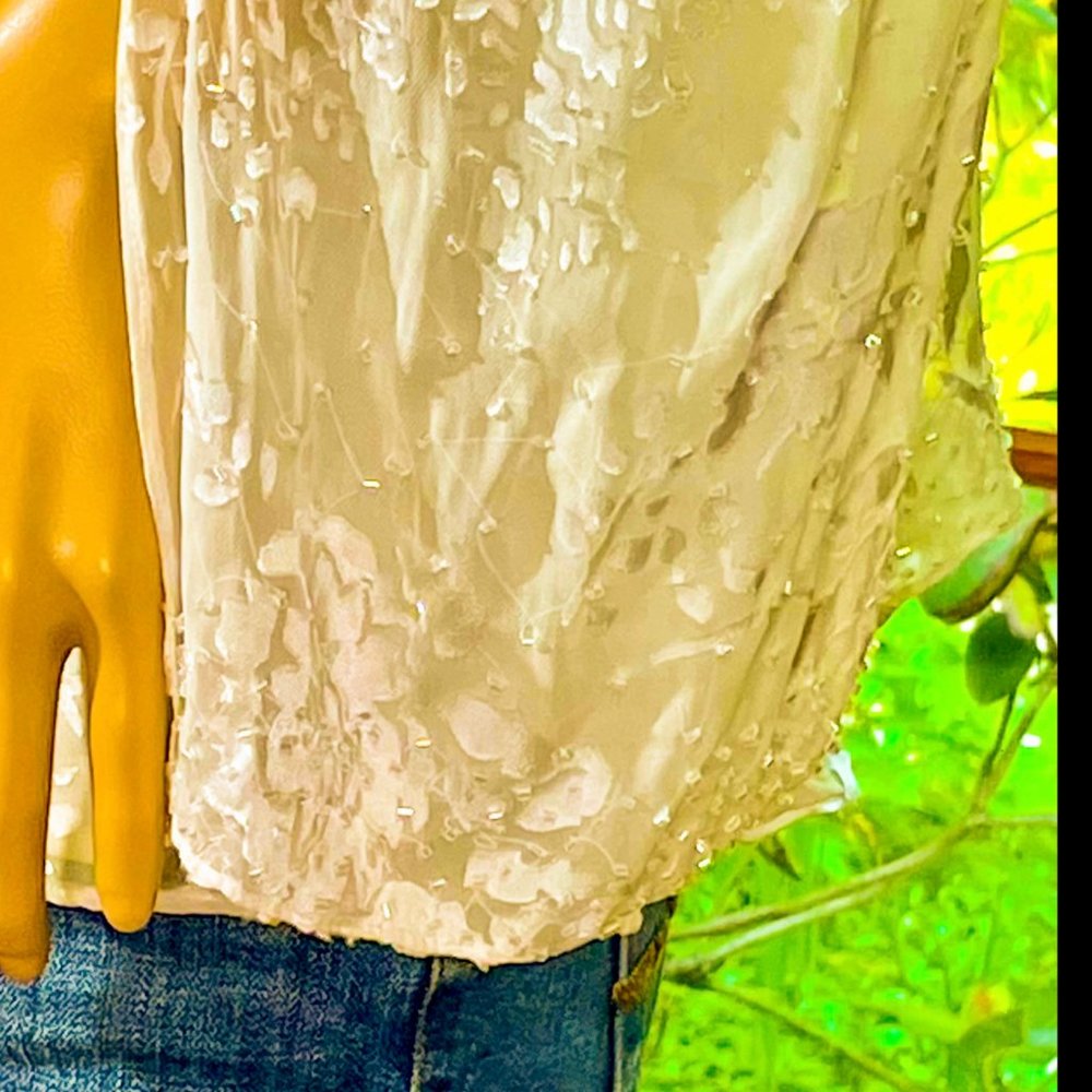▪️ADRIANNA PAPELL▪️Bead Embellished Floral Overlay Silk Blend Evening Blouse - Picture 4 of 11